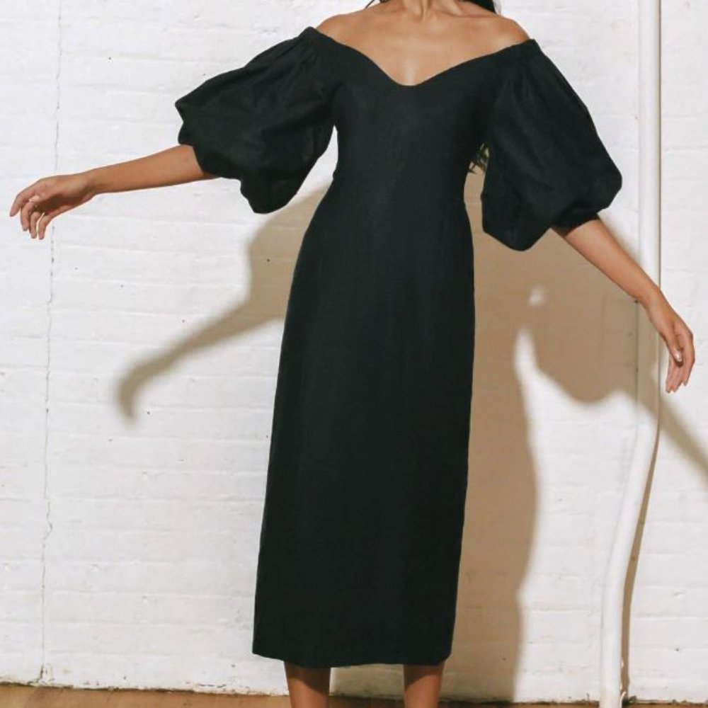 NWT MARA HOFFMAN Black Namari Balloon-Sleeve Woven Linen-Cotton Midi Dress